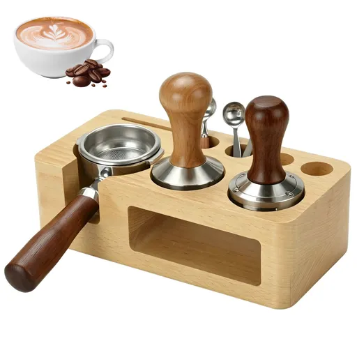 Wood Coffee Tamper Holder, 8-Hole Espresso Tamping Station, Adjustable Height Coffee Machine Portafilter Stand, Organizer Base for Barista Tools & Accessories, 9.4" x 4.6" x 3.1