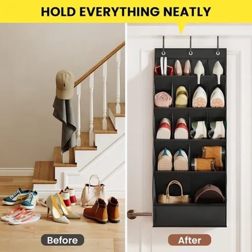 Over The Door Shoe Organizer, 15 Large Pockets Hanging Shoe Storage Bag, Space Saving Door Hanging Organizer for Shoes & Home Accessories, Black