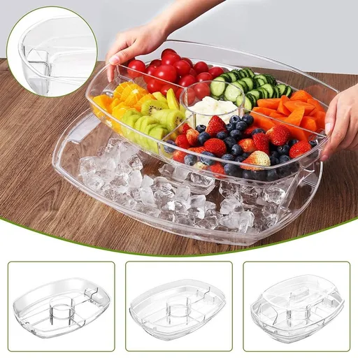15" Clear Plastic Chilled Serving Tray with Ice Tray & Lid | 4-Compartment Party Platter for Appetizers, Fruit, Sushi & Vegetables | 1-Piece Set