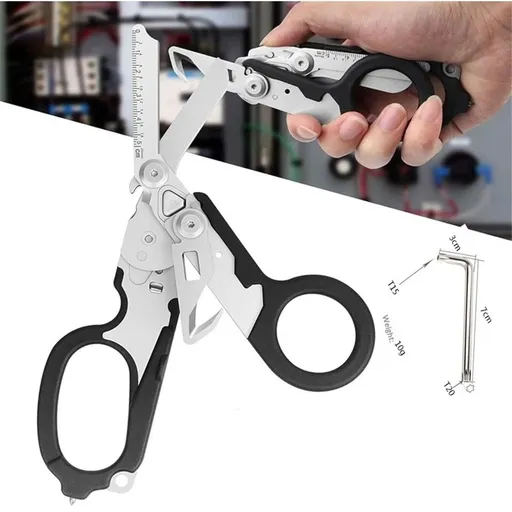 Heavy Duty 6 in 1 Multifunctional Trauma Shears Foldable | Stainless Steel emergency response scissors | Survival Shears with Holster | Trauma shears With Strap Cutter | Black