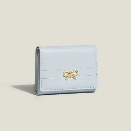 Blue Compact Women's Bow-Accent Wallet - Fresh Minimalist PU Leather Foldable Card Holder with Multiple Slots