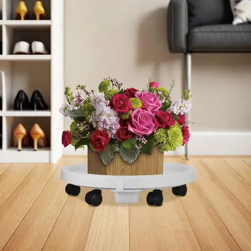 White Rolling Plant Stand with Wheels 360 Degree Rotating Flowerpot Base with Water Tray
