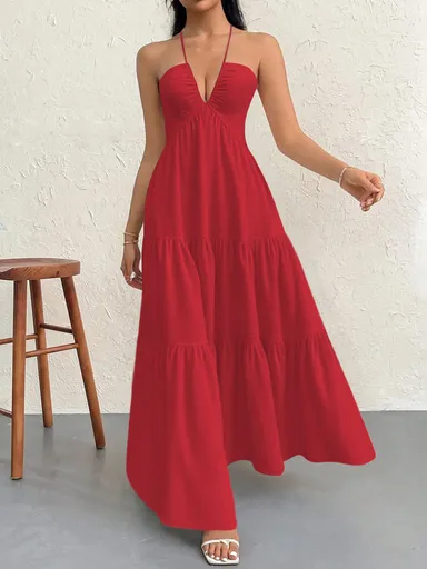 Redt XL Size Women's Elegant Halter Maxi Dress Summer Backless V-Neck Sleeveless Long Beach Resort Gown