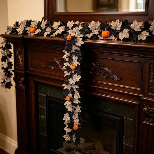 Artificial Maple Leaf Pumpkin Garland for Halloween Fall Decor - 6ft Hanging Sunflower Berry Rattan Wreath for Front Door Fireplace Mantel Stair Railing Indoor Outdoor Party Thanksgiving Decoration