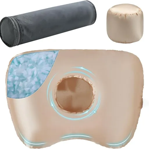 Piercing Pillow - Ear Piercing Pillow With Foam Plug, Adjust Shredded Memory Foam Picrcing Pillow For Side Sleepers, Donut Piliow For Ear With 4.5x4.5''Hole, Ergonomic Curved Design, Satin Champagne | Ear Piercing Pillow For Side Sleepers, Donut Pili
