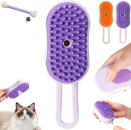 Puffease Spritz Defur Comb for Cats Dogs, Steam Pet Brush with Spray Function, Spray Defur Comb for Pet Bathing, Shedding & Grooming (Purple)
