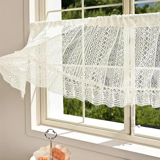 Rustic Crochet Curtain Valance for Kitchen Bathroom Farmhouse Lace Curtain Tiers for Coffee Decor Room Divider Rod Pocket Hollow Out Short Curtains for Closet Doorway 1 Panel W59 X L17.7 Inch