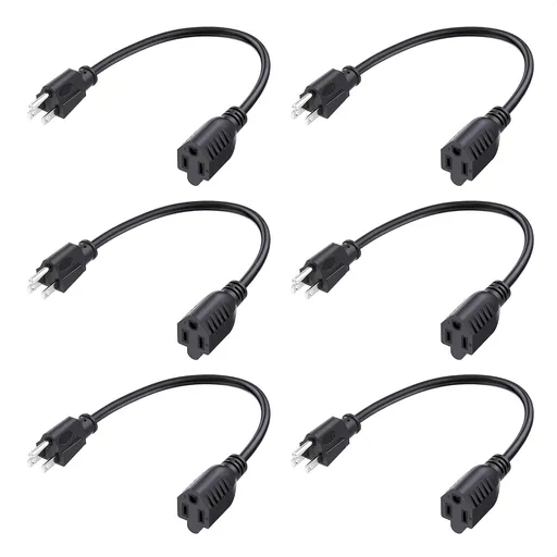 [ETL Listed] 6-Pack 16 AWG Heavy Duty 13A Short Power Extension Cord - 1ft, 3 Prong Power Cord Extension, NEMA 5-15P to NEMA 5-15R, Black