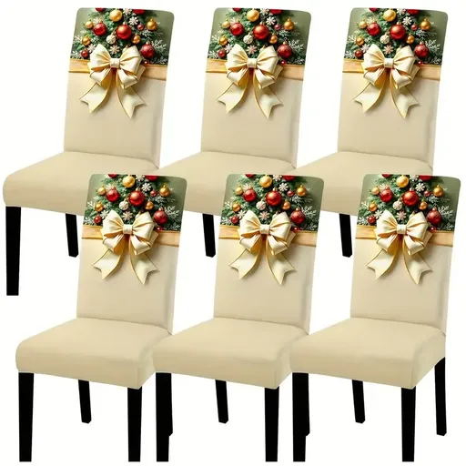 6PCS Christmas Stretch Dining Chair Covers | Snug-Fit Elastic Design, Printed with Ornaments, Snowflakes & Gold Bows, Removable & Machine Washable, Soft Stretch Protective Covers, Ideal for Holiday Gatherings & Home Décor