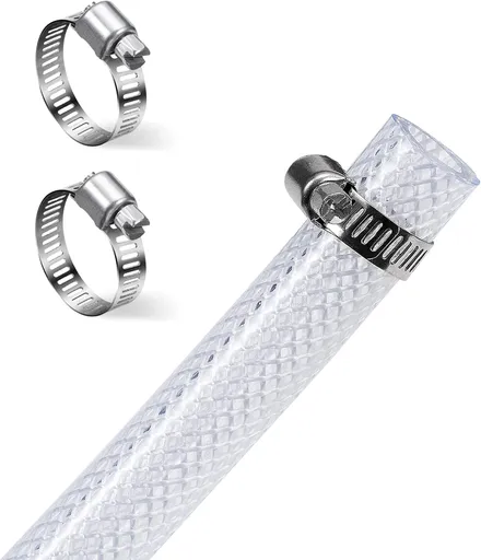 1/2" ID - 50 ft Heavy Duty Braided Clear Plastic Vinyl Tubing, Flexible High Pressure Reinforced PVC Plastic Tube Hose, Non-toxic, BPA Free, with 2 Stainless Clamps