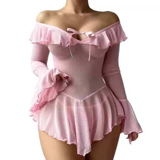 House Of Dasein Sexy Transparent Mesh Pure Desire One-Shoulder Dress Seductive Erotic Uniform Underwear - Pink - S