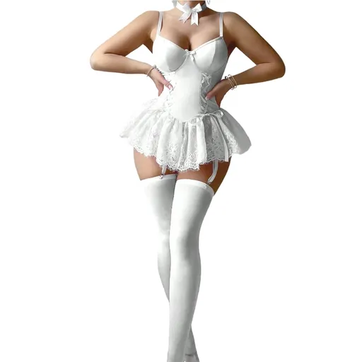 House Of Dasein Retro Pure Temptation Sexy Deep V Neck Lace Trim One Piece Dress Lingerie - White - M