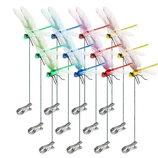 12pcs Artificial Dragonfly Clips for Outdoor Use 3D Dragonfly Decor Gardening, 3D Dragonfly Garden Decorative Clips [DB] As Shown