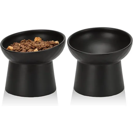 Ceramic Raised Cat Bowls, Elevated Tilted Cat Food and Water Bowls Set, Stress Free Pet Feeding Dish for Indoor Cats and Small Dogs, Anti Vomiting, Black, 2 Pack