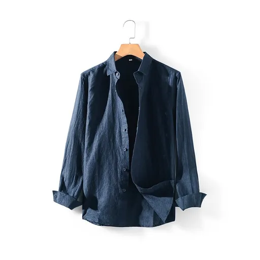 Ma Ke Linen Shirt Men Long Sleeve Lapel D031 Navy XL