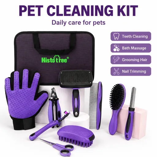 Pet Grooming & Cleaning Kit 9 Piece Set with Shedding Brush, Steel Comb + Scissors, Nail Clippers + File, Bath Brush + Massage Glove, 3 Head Toothbrush and Storage Bag for Dog & Cat