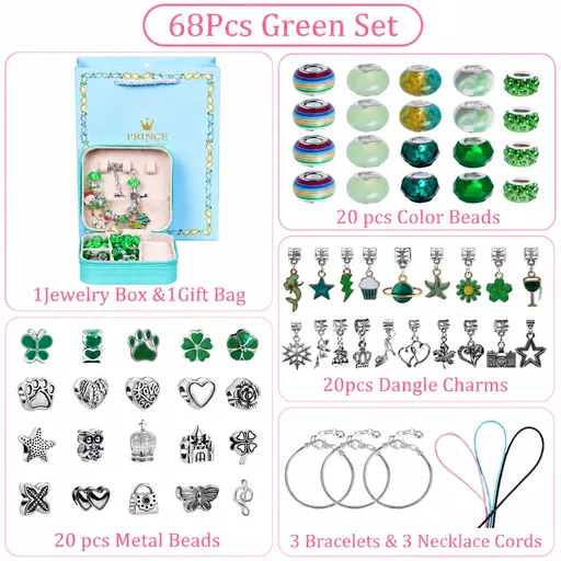 Green Kids DIY Bead Jewelry Making Kit - 68 Pcs Alloy & Plastic Charm Bracelet & Necklace Set with Storage Box, Creative Birthday Gift for Girls