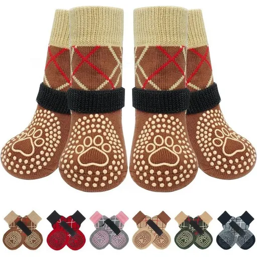 Dog Shoes Non Slip Indoor Outdoor Cotton Brown dotted style [opp bag] L large size 7.5*18cm [recommended within 15-20kg inches] [pack of four]