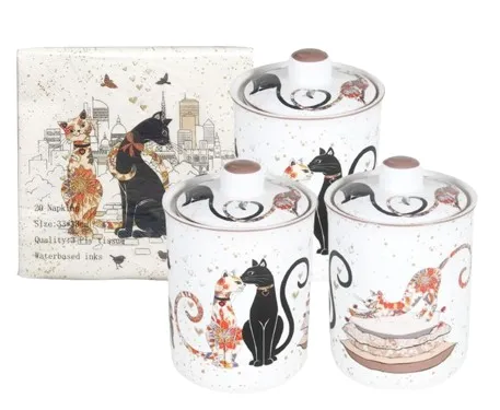 Cat Couple Embossed Canisters — Bone China Storage Set + Matching Napkins