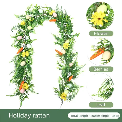 Easter Artificial Garland – 200cm Decorative Vine with Eggs, Carrots, Flowers and Leaves for Table Centerpiece or Party Decoration