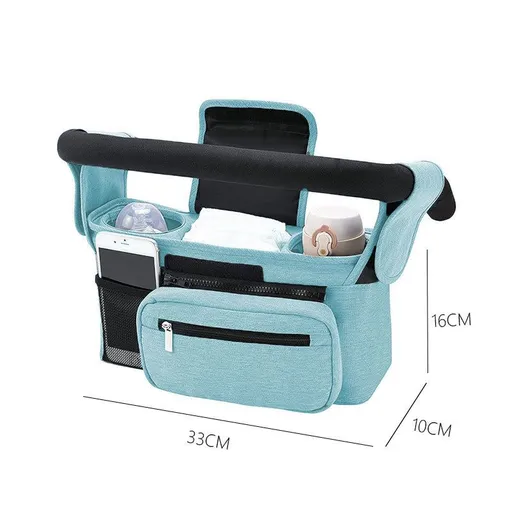 Blue Universal Stroller Organizer Bag - Durable Water-Resistant Fabric - Dual Insulated Cup Holders, Large Capacity Storage Caddy for Diapers and Essentials, Fits Most Prams, Travel Friendly Solution