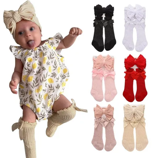 Baby Girls Knee High Socks with Bow Headband Cotton Socks Tube Ruffled Stockings Newborn Infant Toddler 0-3Years