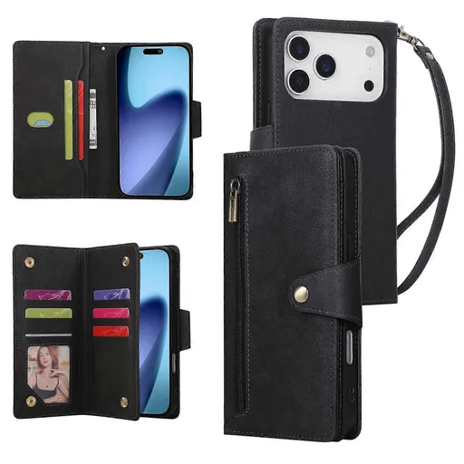 Magnetic Leather Wallet Card Holder Compatible with iPhone 17 Pro Max Black