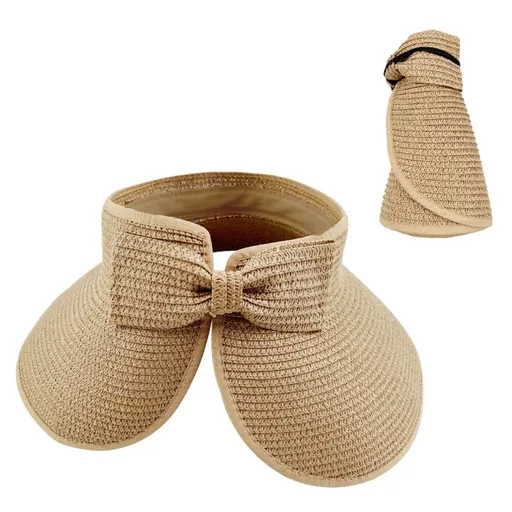 Women Roll Up Sun Visor Wide Brim Straw Hat Summer Foldable UV Protection Cap - Khaki