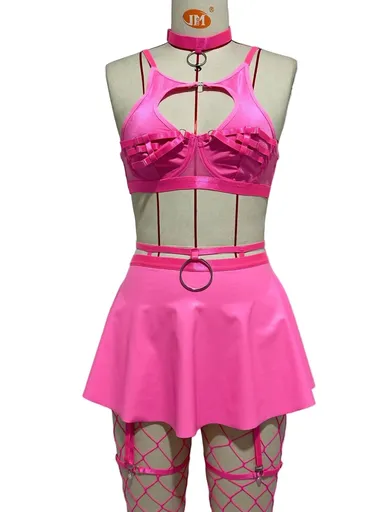 House Of Dasein Lace Sexy Lingerie Set Bra Solid Color Leather Skirt With Fishnet Stockings Women's - Pink - Xl