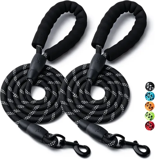 2 Pack Dog Leash, 4/5//6 FT Heavy Duty Nyl Rope Pet Leashes with Comfortable Padded Handle, Reflective Dog Leashes for Small Medium and Large Dogs (5FT-1/2,Black/Black)