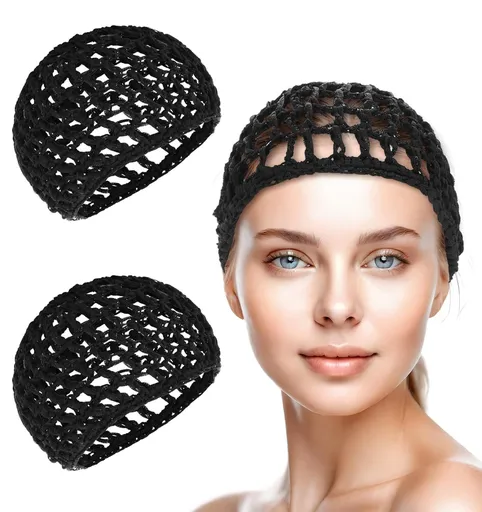Crochet Hair Net, Comfortable Breathable Hair Net for Silk Press, Sleeping, Shower, Makeup, Hold Hair in Place All Night, Black (Reusable & Elastic, 2 Pack)