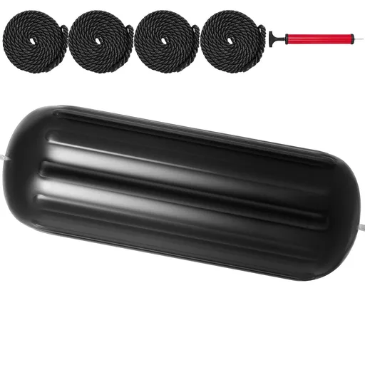 Boat Fenders, 10" x 28" Ribbed Fender, 4 Pack Boat Bumpers, Hole Through Middle Ribbed Inflatable Boat Fender with 4 Ropes, for Pontoon Boat Sailboat, Ski Boat, Black
