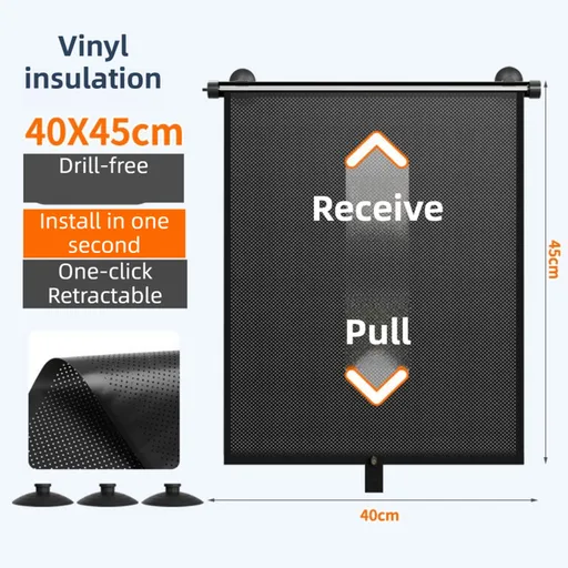 1 Pair Retractable Car Side Window Sun Shade (40 x 45CM) - 6 Layer Vinyl Insulation Reflective Roller Blinds, One Click Auto Rewind, One-Way Privacy, Universal Suction Cup & Velcro Fit