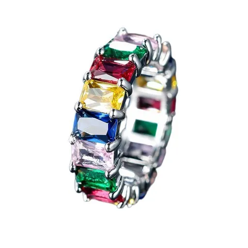 Rainbow Zircon Gemstone Ring Women's Stainless Steel Colourful Ring Size 6-10 - Silver-Multicolor-6