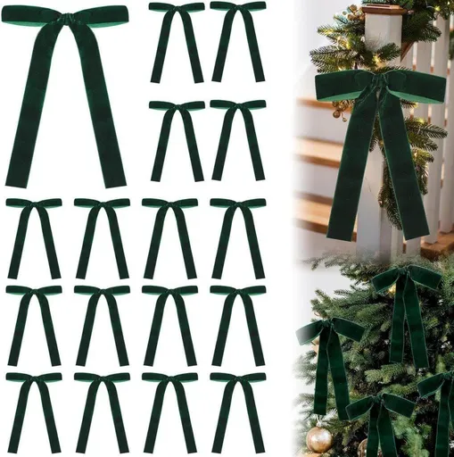 12 Christmas Bows Velvet Tree Decorations in Dark Green