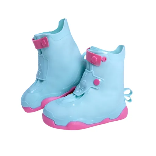 Blue Waterproof Rain Shoe Covers (XL)- High Top Reusable Overshoes with Adjustable Snap Straps, Thick Anti-Slip Sole and Foldable Design for Rainy Day Outdoor Use