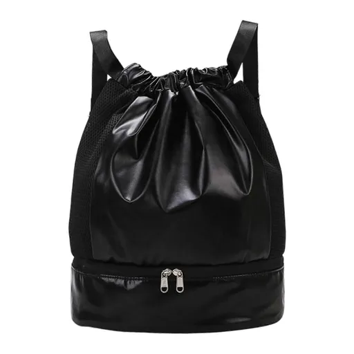 Drawstring Swim Bag Oxford Sports Backpack with Shoe Compartment - Black