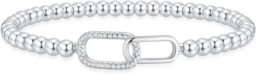 Women’s Silver Bracelet, Silver Elastic Beaded Bracelet, Handmade Ball Accent Bracelet, Elegant Silver Jewelry Gift.