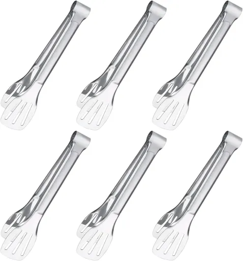 6PCS Serving Tongs, 7Inch Buffet Tongs, Stainless Steel Food Tong Small Serving Utensils for Cooking, Entertaining, Salad, Barbecue, Buffet, Toast and Steak by (Stainless buffet tongs)