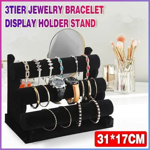 3 Tier Velvet Jewelry Display Stand Bracelet Watch Holder Rack for Countertop Use