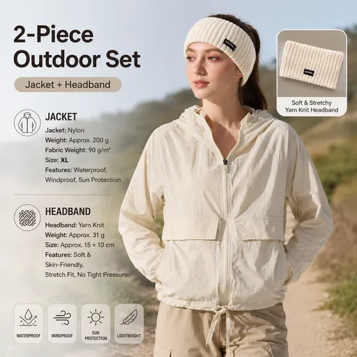 Women's Lightweight Outdoor Windproof and warm set - Beige XL Size Waterproof Windproof Sun Protection Hooded Raincoat and Beige Knitted Warm Headband Set for Hiking Travel Daily Wear