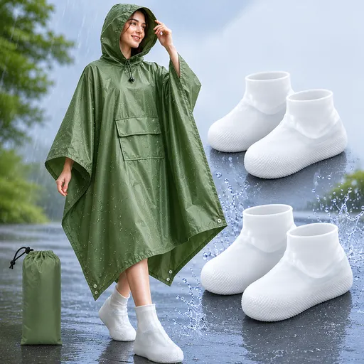 3-in-1 Green Camping Rain Poncho / Outdoor Shelter Tarp / Ground Sheet (82.7 x 55 inch) with 2 Pairs Rain Shoe Covers - Large Backpack Coverage, Drawstring Hood and Carry Bag for Hiking Trekking Cycling Use