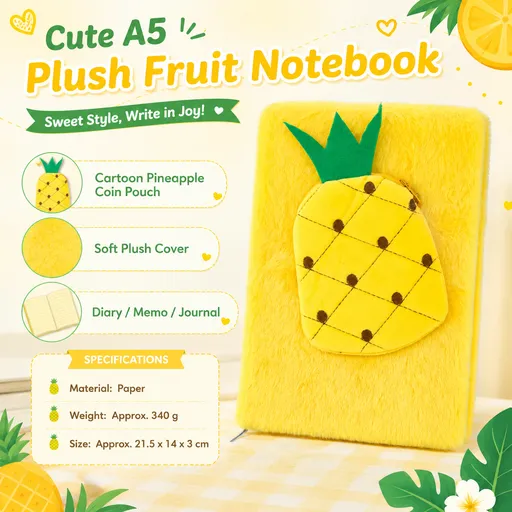 A5 Plush Fruit Notebook with detachable pineapple-shaped coin purse — features a soft plush cover and 80 lined pages; a cute design perfect for school use or journaling