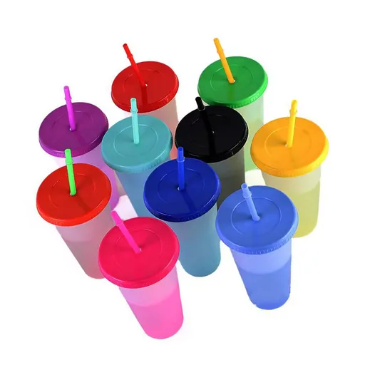 20pcs Color Changing Straw Cups Professional Innovative Food Grade PP Plastic Reusable Cups with Lids and Straws 710ml