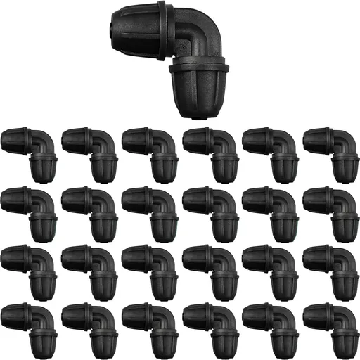 Drip Irrigation Fittings 1/4 Inch, Pack of 25 Barb Locking Elbows for 1/4 Inch Hoses, Drip Line Parts, Irrigation Connectors with Locking Nut for Drip Sprinklers, Garden and Lawn Watering Systems, Black