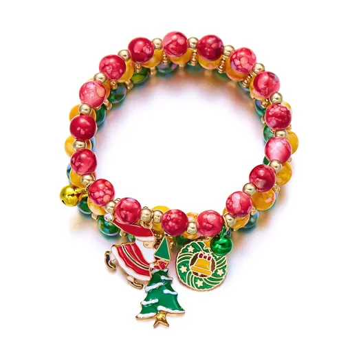 3-Pack Style 2 Christmas Charm Beaded Bracelet Set - Festive Alloy and Acrylic Stretch Jewelry with Christmas elements - Holiday Party Favors and Stocking Stuffer Gifts for Women and Girls