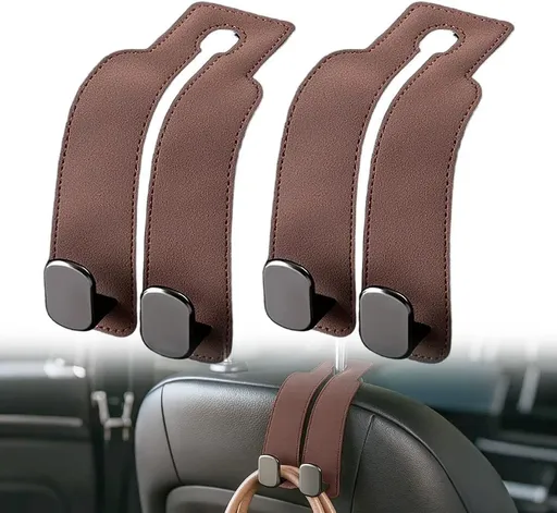Headrest Hook for Car Car Seat Headrest, 2026 Wallet & Bag Hook Cute Car Wallet Holder, Double Hook Leather Car Headrest Hook Seat Back Storage Bag for Travel (Brown -2)