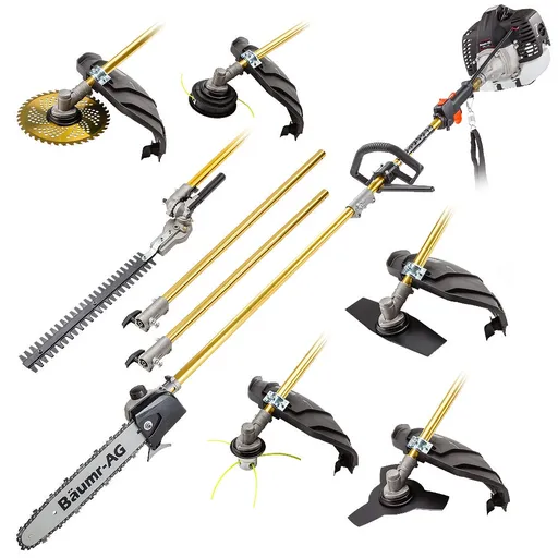BAUMR-AG 65cc 7in1 Long Reach Garden Multi-tool, Pole Saw, Hedge & Line Trimmer, Brush Cutter, 12" Tree Trimming Pruning Chainsaw Bar, 2 Extension Shafts