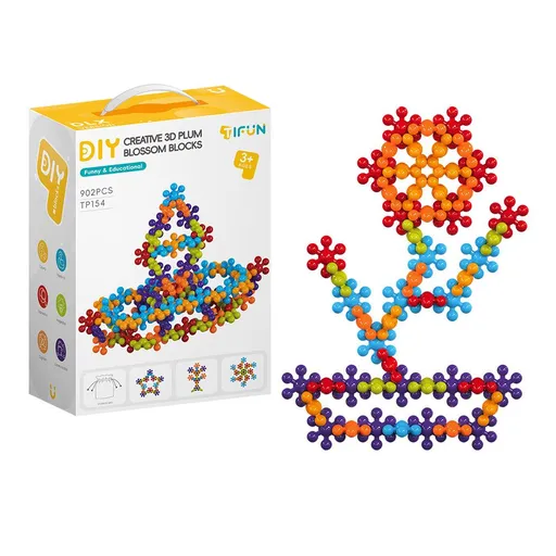 3D Plum Blossom Building Blocks for Kids – DIY Creative Puzzle Toy for Ages 3+ with 112, 302, or 902 Pieces, Safe Plastic, Reusable Storage Bag, and Idea Guide for Endless Fun (112PCS)
