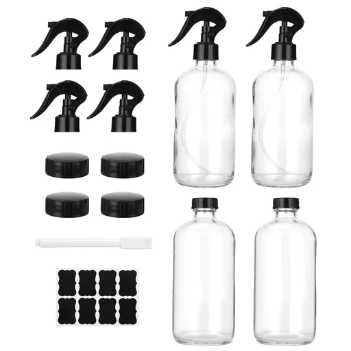 Clear Glass Spray Bottles Set, 17oz Refillable Spray Containers with Trigger Spray Caps, Screw Caps, Label Stickers, and Pen, Ideal for Cleaning, Essential Oils, Hair Care, DIY Solutions